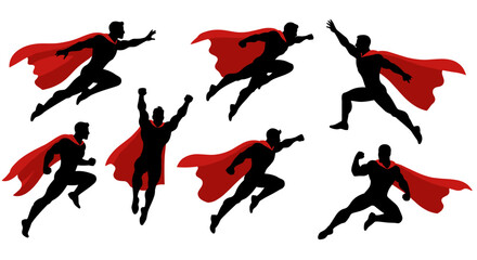 Dynamic superhero silhouettes in action poses with red capes