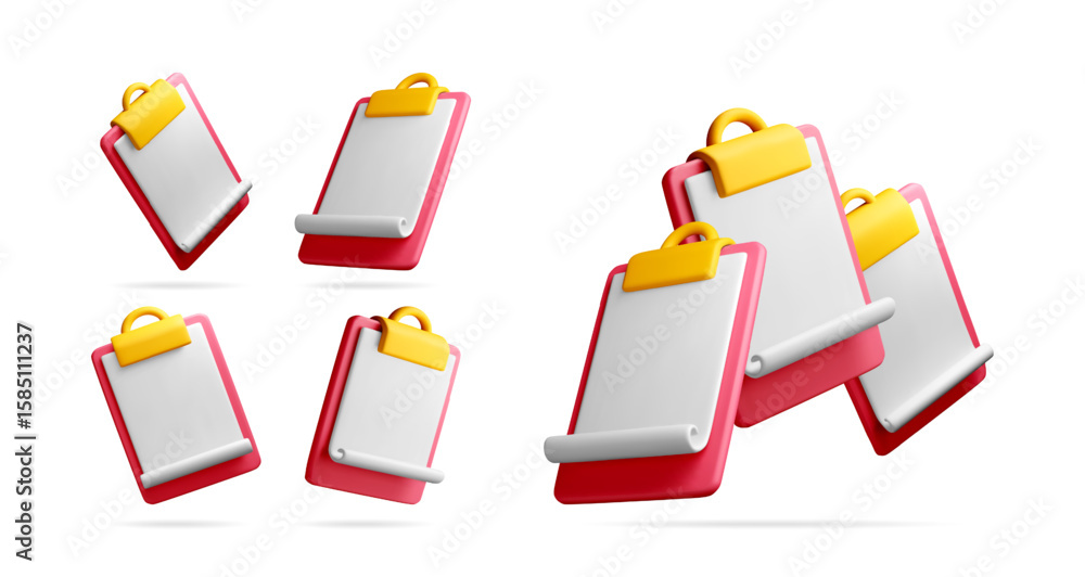 Poster red clipboards with blank paper, a 3d vector render. concept of a to do list or a blank checklist re