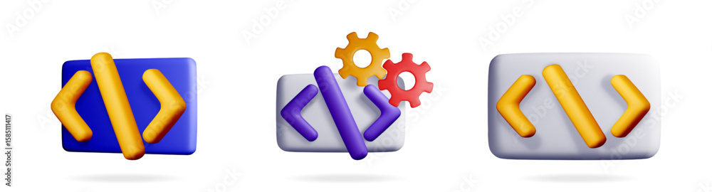 Poster a set of 3d vector illustrations of code and programming icons. digital technology symbol collection