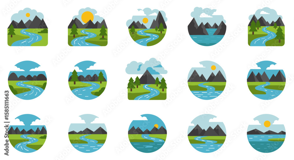 Poster flat nature icon set with rivers and mountains in circular frames
