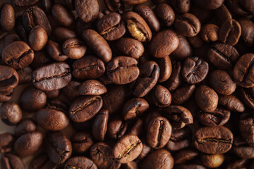 coffee beans on the table close-up, macro photography