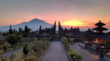 Besakih temple with the majestic Mount Agung in the background at a vibrant colorful sunrise.