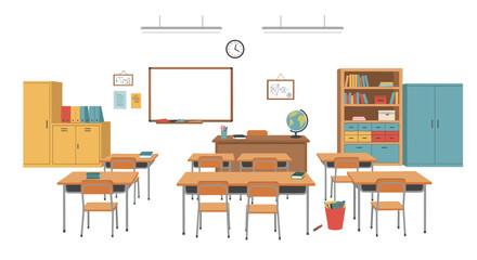 Empty classroom with desks chairs and decorations in flat design style