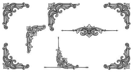 Elegant ornamental corner design elements with baroque flourishes