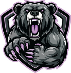 Aggressive bear mascot with sharp claws and teeth, set against a shield backdrop.
