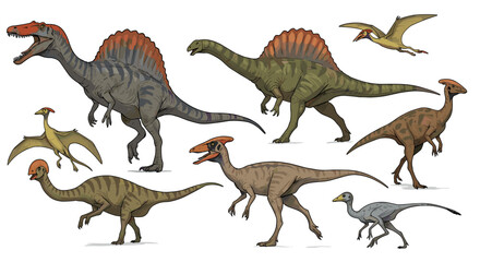 Colorful dinosaur collection: diverse prehistoric creatures in dynamic poses