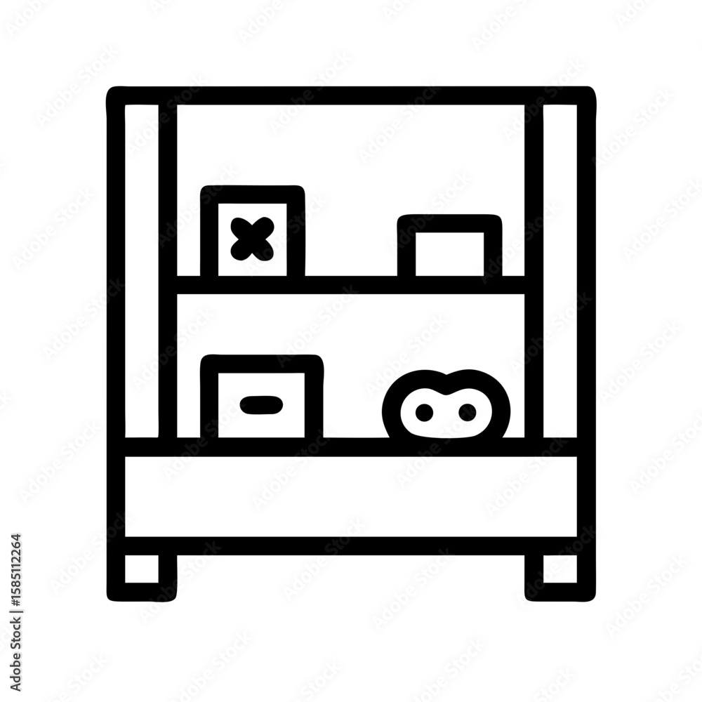 Fototapete shelf with games shown in line art against white backdrop, depicting organized storage for toys and 