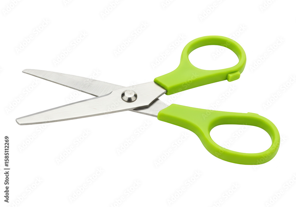 Poster a pair of open greenhandled scissors with silver blades, isolated on a transparent background