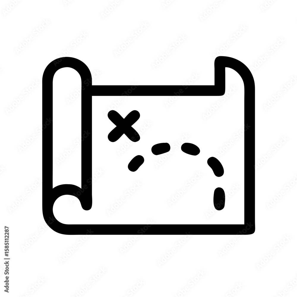 Poster outline treasure map with x marking spot. this treasure map displays location on old paper with mark
