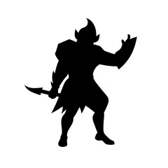 Fantasy character silhouette of a warrior against white background. Fantasy character silhouette depicts dark medieval figure holding spear, ready to attack.