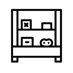 Shelf with games shown in line art against white backdrop, depicting organized storage for toys and playful items. Shelf with games, rendered in vector format, creates a minimalist representation.