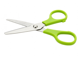 A pair of open greenhandled scissors with silver blades, isolated on a transparent background
