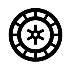 Roulette wheel in simple black line style. Minimalist roulette wheel design featuring segments and center detail, offering simplicity.