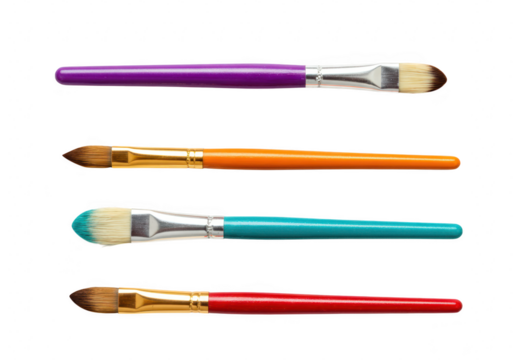 A set of four colorful paint brushes with purple, orange, teal, and red handles, isolated on white isolated on transparent background - Powered by Adobe