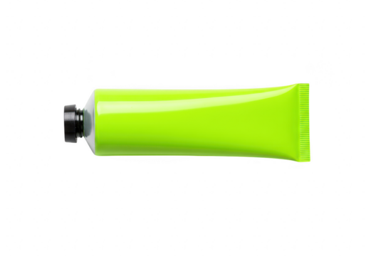 A bright lime green tube of paint or cream with a black cap, isolated on a transparent background - Powered by Adobe