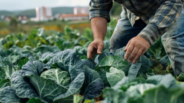 Man farmer checking cabbage in field. Agriculture and food growing concept on farm. Organic produce harvest cultivation footage.