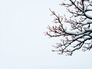 Obraz premium Snow-covered tree branches stretch across a pale winter sky, showcasing the serene beauty of a quiet, frosty day.