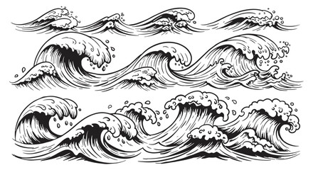 Fototapeta premium Artistic black and white ocean waves in vintage tattoo style