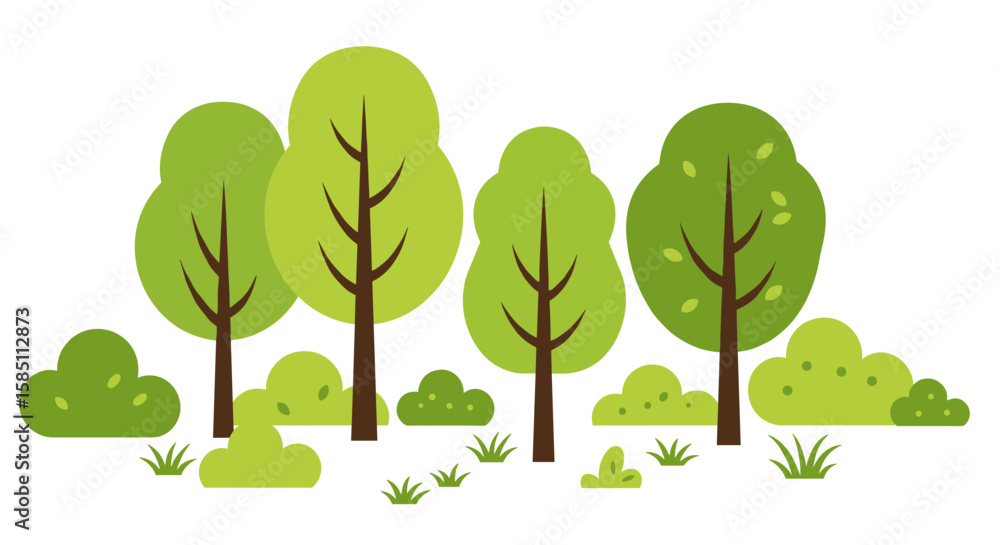 Poster lush green forest scene with various trees and shrubs in flat design