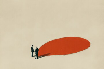 Abstract representation of two businessmen engaging in a handshake on a minimalist canvas accentuated by an oversized bold red shape symbolizing negotiation dynamics and relationship complexities