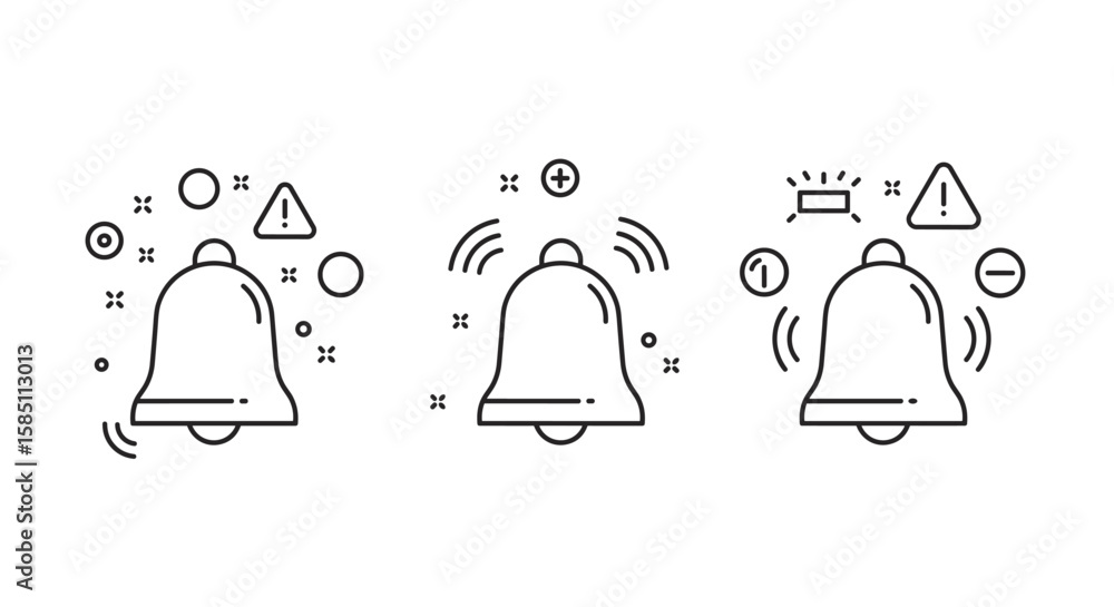 Poster minimalist linear bell icons with notifications and alerts symbols