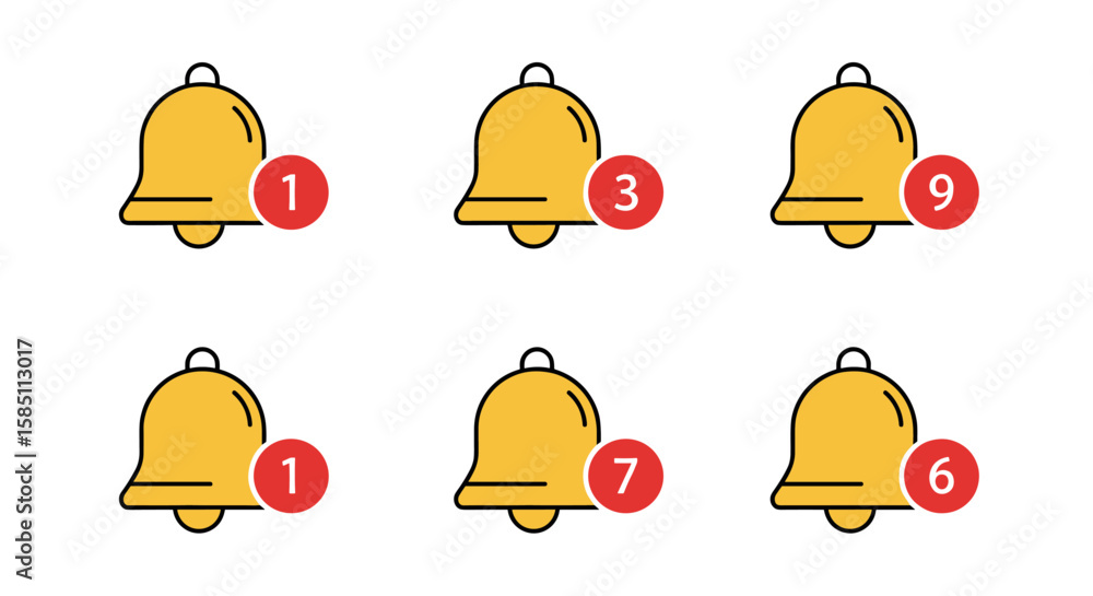 Poster flat notification bell icons with unread message count in yellow and red