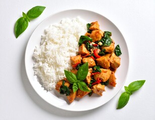 Asian-inspired stir-fried chicken with vegetables served with fluffy white rice garnished with fresh basil leaves on a white plate