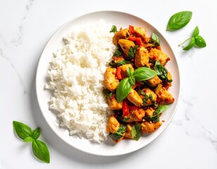 Delicious Thai-style chicken stir-fry with basil and vegetables served with white rice on a white plate