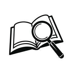 open book with magnifying glass icon, vector symbol for research, detailed reading, and educational analysis