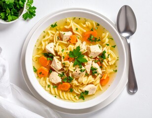 Bowl of homemade chicken noodle soup with vegetables and fresh herbs served in a white bowl on a white background