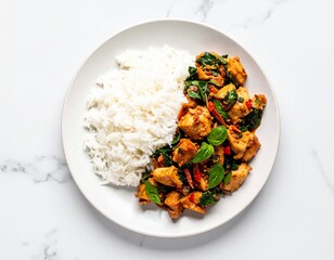 Delicious Thai-style stir-fried chicken with basil and chili served alongside fluffy white jasmine rice on a clean white marble surface