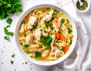 Warm chicken noodle soup with vegetables in a white bowl garnished with fresh parsley and herbs on a white background
