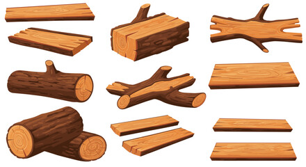 Cartoon wood elements: logs, planks, and branches for game design