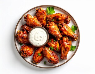 Delicious spicy chicken wings glazed with barbecue sauce served on a white plate with fresh parsley and a side of creamy dipping sauce, designed for food, restaurant, and party-themed stock images