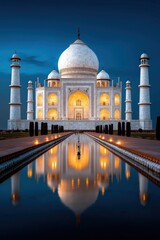 Fototapeta premium Taj Mahal illuminated in blue with futuristic technology reflection on water in cinematic night setting