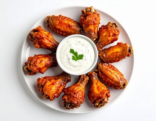 Plate of crispy buffalo chicken wings arranged in a circle with a small bowl of creamy ranch dipping sauce garnished with a fresh parsley leaf on a white surface