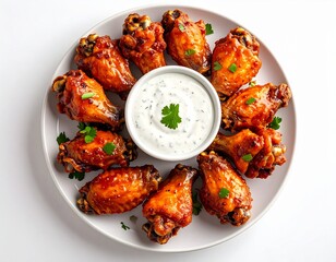 Plate of Glazed Spicy Chicken Wing Pieces with Fresh Herb Garnish and Creamy Ranch Dip in the Center on White Background