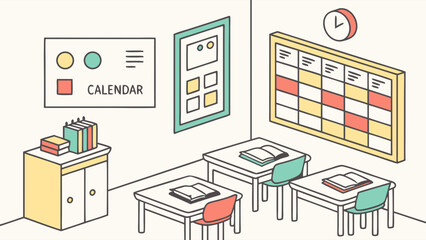 Fototapeta premium Isometric illustration of a bright and organized classroom interior.