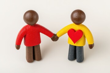 Two colorful figurines holding hands symbolizing partnership and connection expressing affection and unity against a soft neutral backdrop captured with clarity