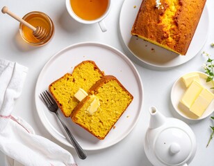 Freshly baked homemade orange pound cake served with butter honey and tea on a white table with fresh herbs and a teapot