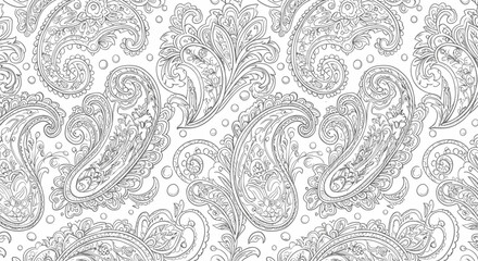 Intricate paisley seamless pattern in black and white line art style