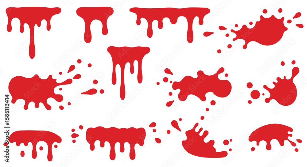 Aufkleber red paint drips and splashes set in flat style for creative design projects