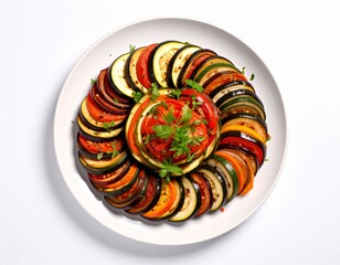 Colorful layered grilled vegetable platter with sliced zucchini eggplant tomatoes and fresh herbs on a white plate