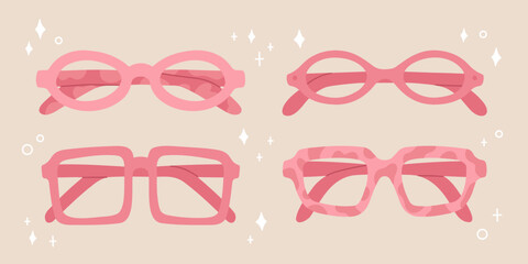 Cute pink eyeglasses set. Stylish women accessories. Vector illustrations. Hand-drawn design elements. Fashion glamour eyewear