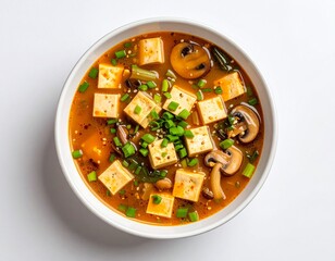 Miso soup with tofu mushrooms green onions in a white bowl on a white background