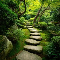 Ultra quality image of serene Zen Garden Path with Moss and Stone Steps Leading Through Lush Greenery Landscape View.