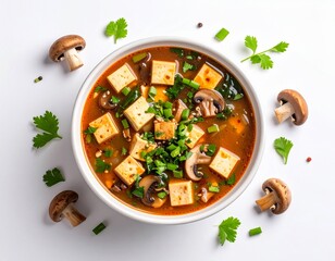 Bowl of spicy vegetarian mushroom tofu soup garnished with chopped green onions and cilantro, served in a white bowl with whole mushrooms and fresh herbs on a white background