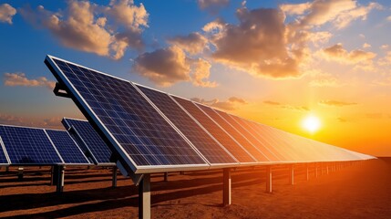 Solar panels at sunset showcasing clean energy production and commitment to environmental sustainability
