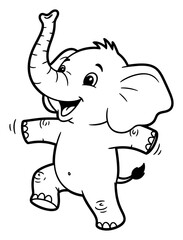Fototapeta premium Happy Cartoon Elephant Outline Dancing with Raised Trunk
