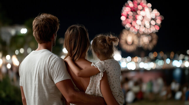 Outdoor nighttime image of a happy family enjoying a dazzling fireworks show, silhouettes glowing under red, blue, and golden explosions during a national holiday or festive occasion. - Powered by Adobe